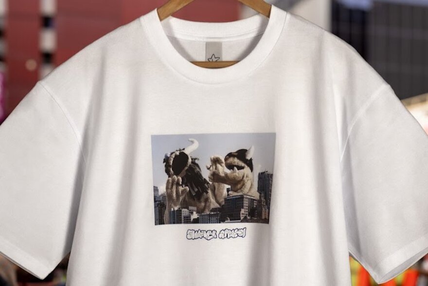 A white tshirt on a hanger with a small photo design. 