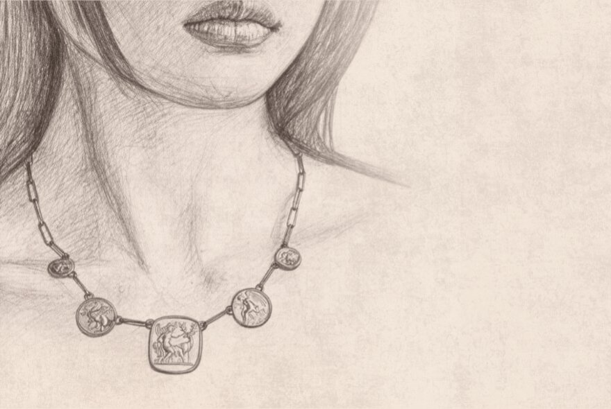 A pencil drawing of a woman wearing a necklace.
