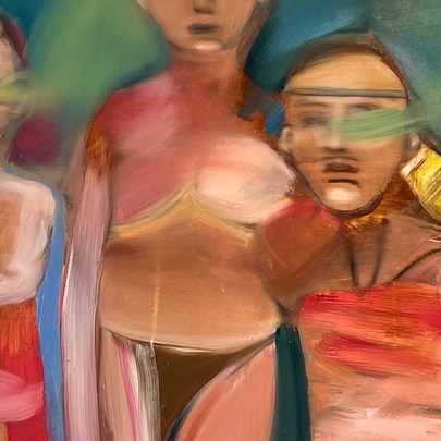 A painting of three figures, their bodies and faces blurred or smudged.