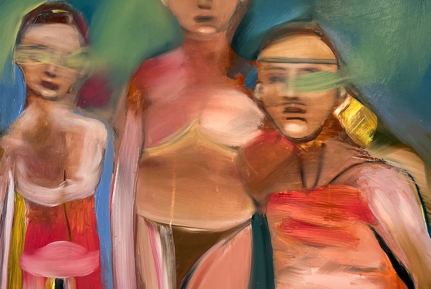 A painting of three figures, their bodies and faces blurred or smudged.
