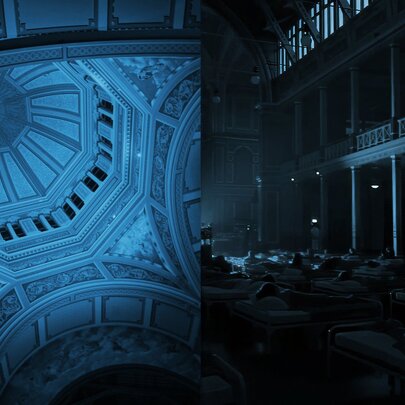 Mirrors in the Royal Exhibition Building reflecting the dome in a soft, dark, blue. 