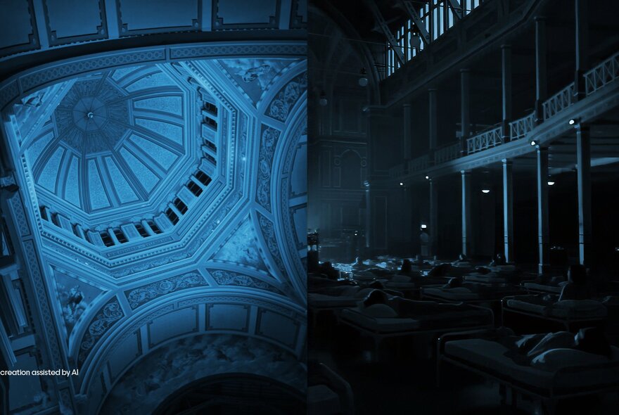 Mirrors in the Royal Exhibition Building reflecting the dome in a soft, dark, blue. 