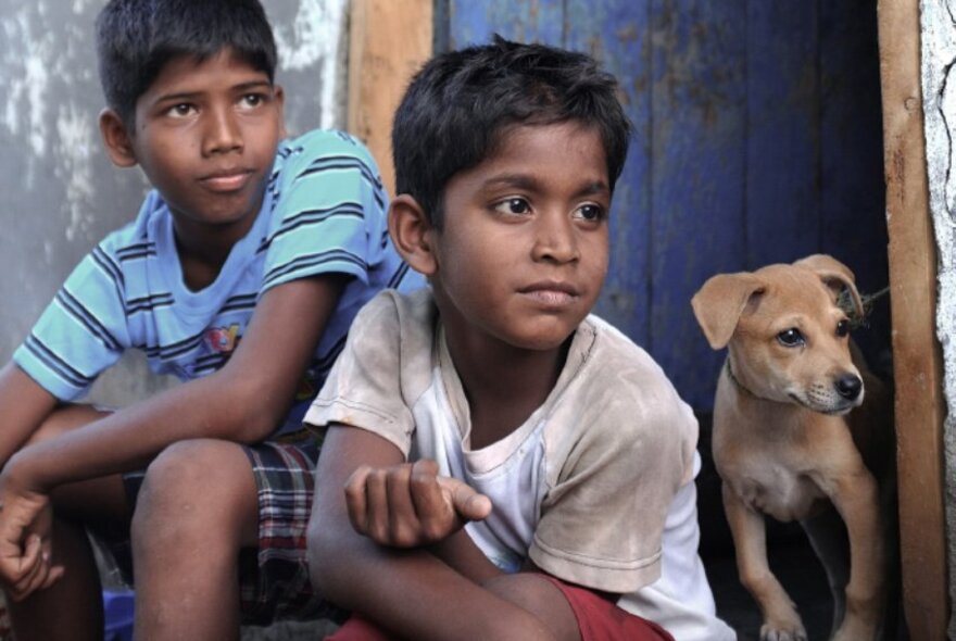 A still image from the film The Crow’s Egg: Kaakkaa Muttai, showing two young boys in a doorway with a pup, all looking at something to their left. 