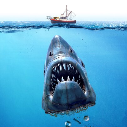 Shark image from Jaws movie, with giant shark rising through the ocean towards a tiny fishing boat.