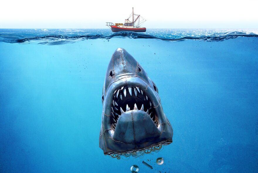 Shark image from Jaws movie, with giant shark rising through the ocean towards a tiny fishing boat.