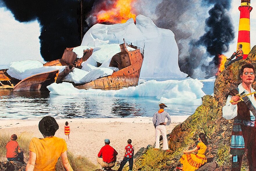 A Treasure Island themed collage of people on land watching a shop on fire among icebergs with stripy lighthouse on the cliff. 