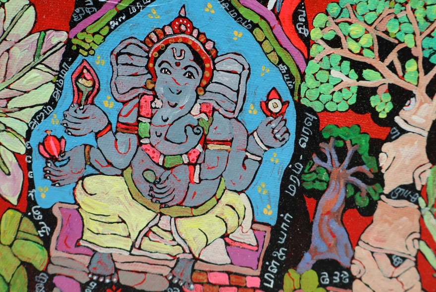 Detail of Indian artwork with Ganesh elephant image.