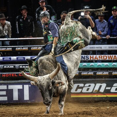 A person riding a bull in an arena - the bull with its back legs in the air. 