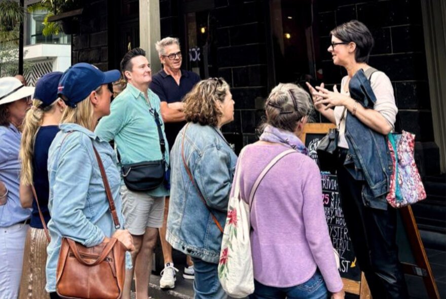Small group tour standing listening to tour leader in a lane.