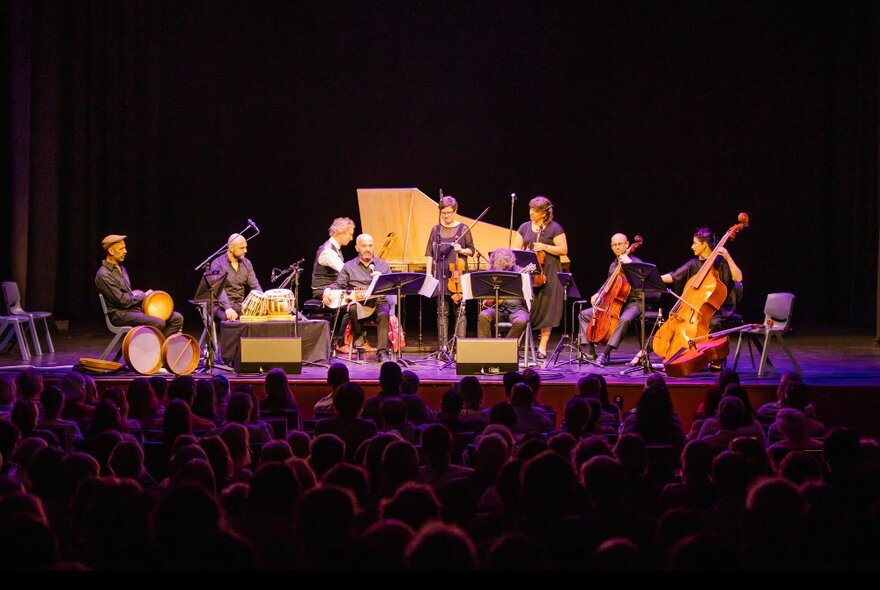 A group of classical and traditional musicians performing on stage in front of seated audience.