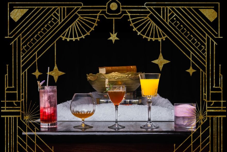 Five unique cocktails in differently shaped glasses, framed in an art-deco style graphic border.