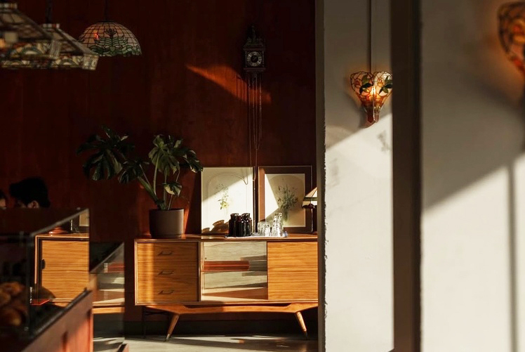 A wooden dresser in a dark room. There are two minimalist framed pictures and a pot plant on top