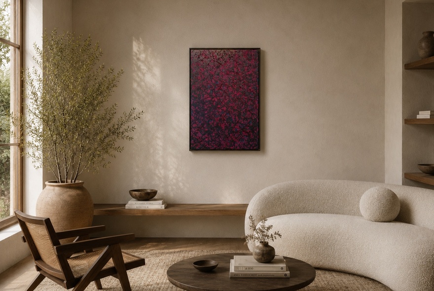 A colourful abstract painting hung on a wall above a curved white sofa and next to an indoor olive tree.