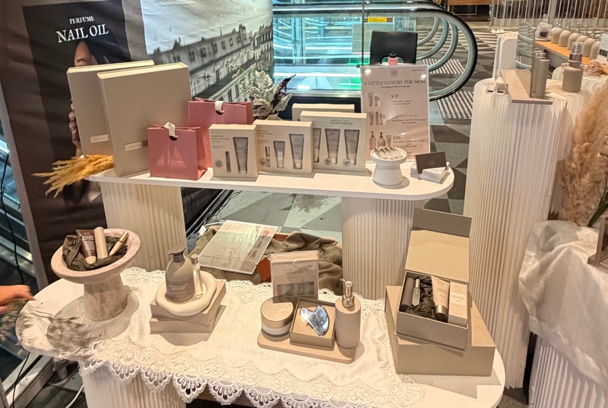 Shelves of beauty products on display.