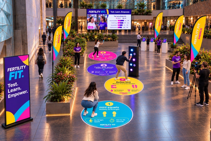 A pop up fitness installation at Fed Square with coloured floor stickers and interactive screens.