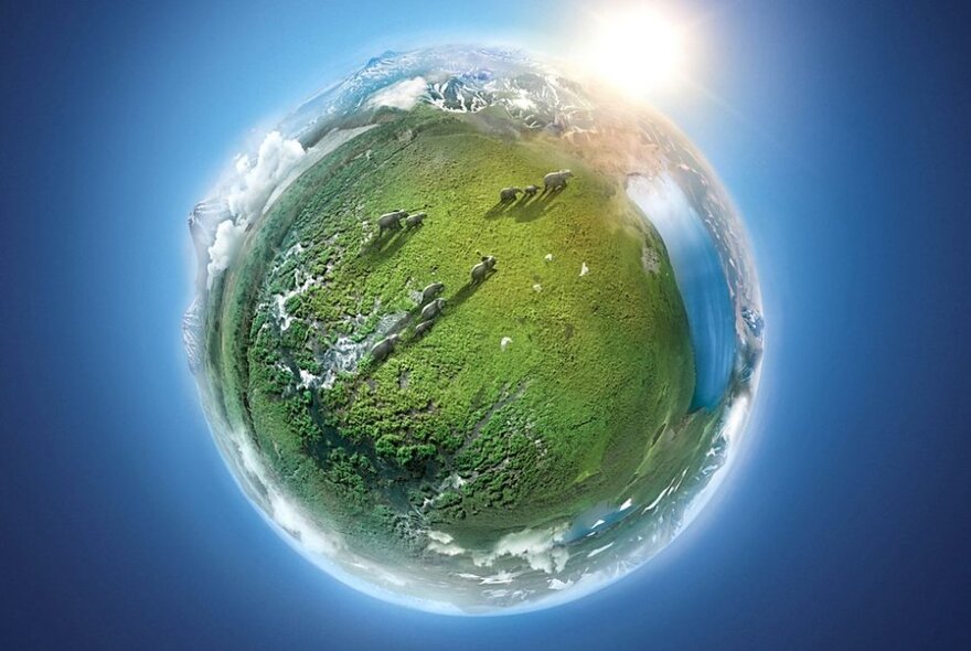 The green earth as a globe set against a blue background.