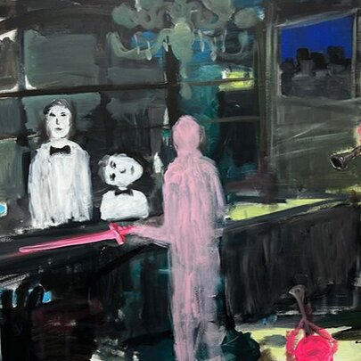 An abstract oil painting depicting a dark, surreal bar or restaurant scene filled with stylised, ghost-like figures.