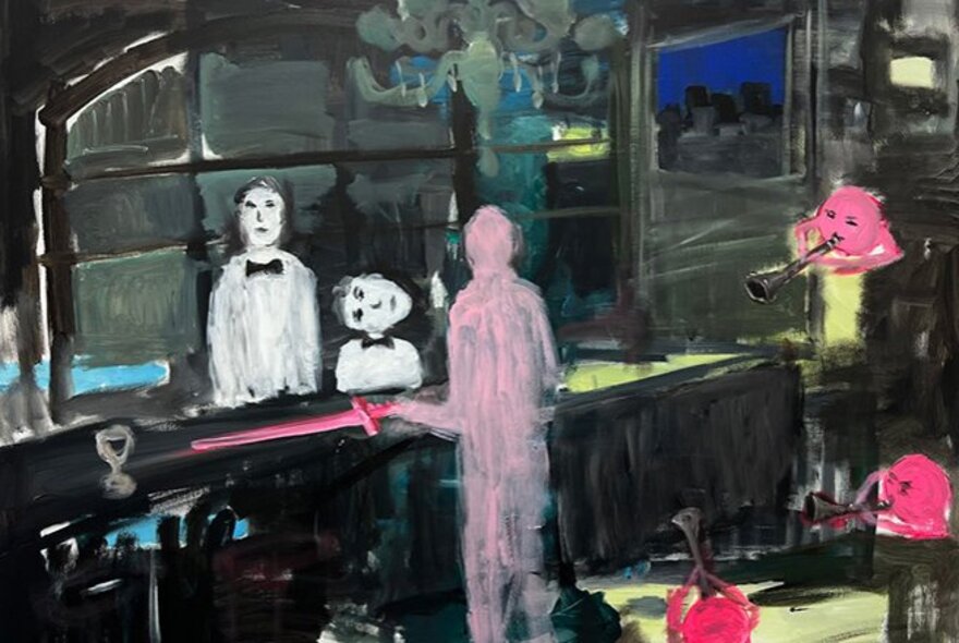 An abstract oil painting depicting a dark, surreal bar or restaurant scene filled with stylised, ghost-like figures.
