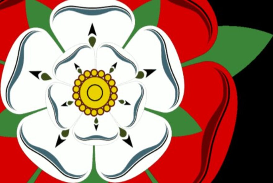 Simplified drawing of a white and red flower against a black background. 