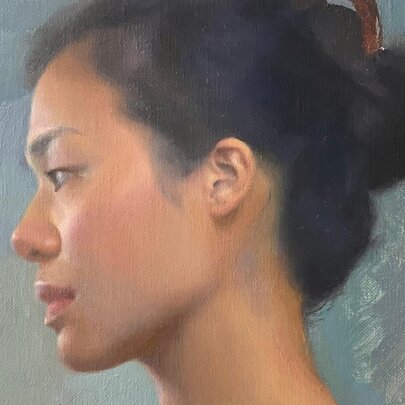 Portrait in oils of a woman viewed in profile with dark hair in a bun.