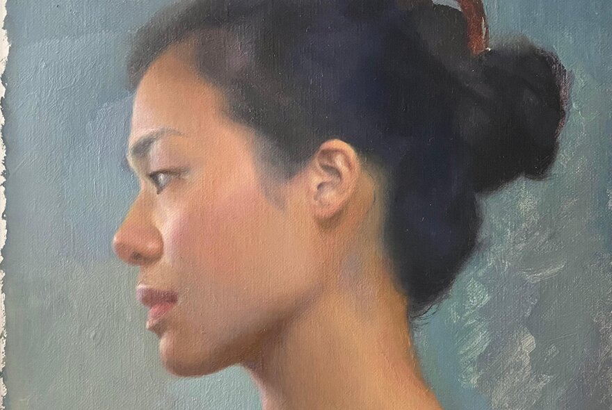 Portrait in oils of a woman viewed in profile with dark hair in a bun.