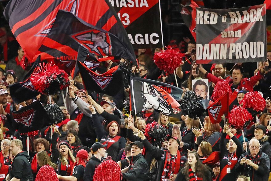 AFL football fans, mostly wearing Essendon team colours with large flags in the stands.