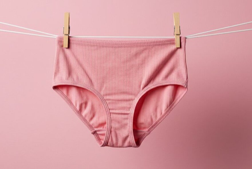 A pair of ladies pink briefs pegged to a string with wooden pegs; pink background.