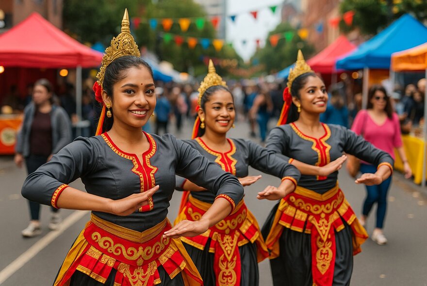 Three Sri Lankan dancers performing with colourful marquee umbrellas and bunting behind them.