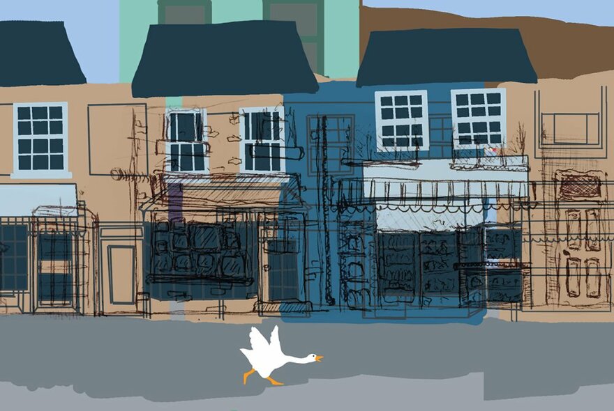 A computer graphics illustration of a white goose with wings flapping walking along a streetscape of shops and houses.