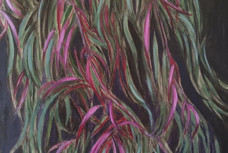 An oil painting of cascading, narrow gum leaves against a dark, near-black background.