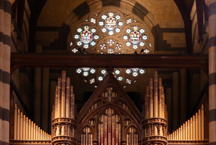 The organ pipes inside St Paul's Cathedral, with a circular stained glass window on the rear wall behind the organ.