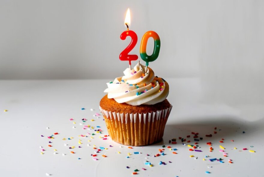 A cupcake topped with icing, sparkles and a candle in the shape of 20.