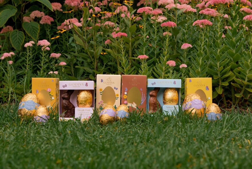 A collection of chocolate Easter eggs and bunnies in small gift boxes, arranged on green grass with flowers in the background, in a gardens setting.