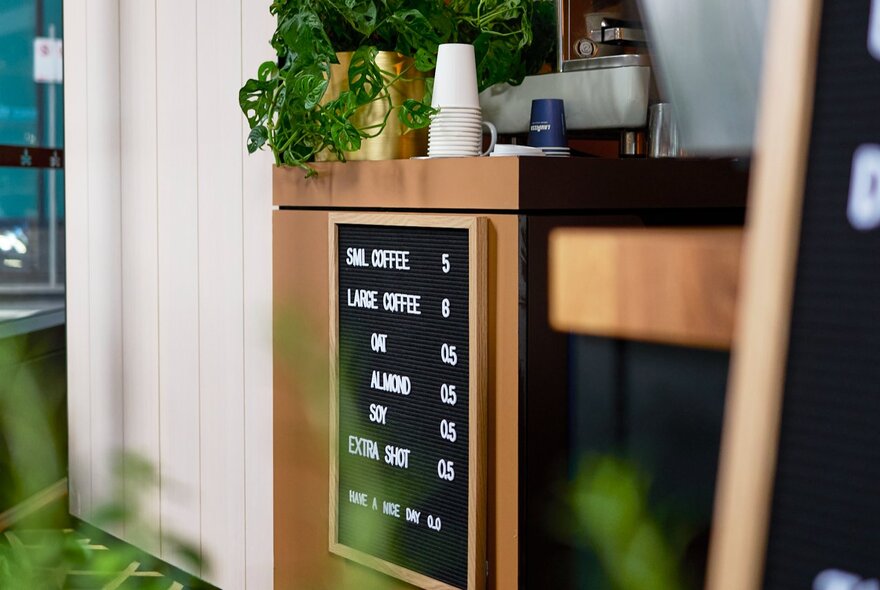 The coffee counter with green plants and a simple undecipherable coffee menu attached to the counter's side.
