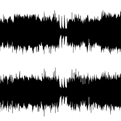 Black audio waveform with varying amplitude displayed on a white background.