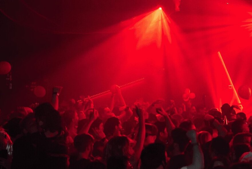 A crowd of revellers at a nightclub, illuminated by a streaming red light.