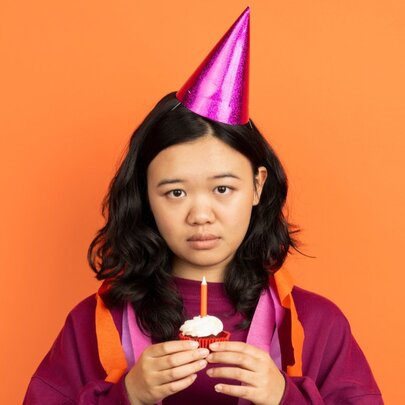 A young woman in a graduation robe holding a cupcake with a single candle, wearing a pink party hat and a sad expression.