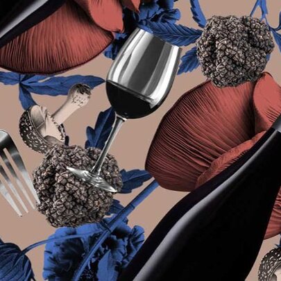 Graphic illustration of truffles, wine bottle and glass.