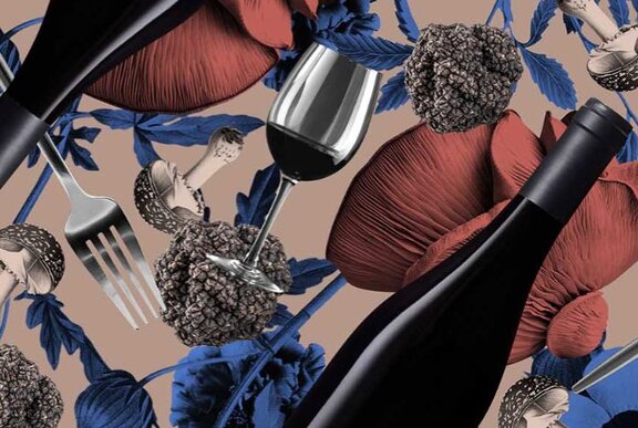 Graphic illustration of truffles, wine bottle and glass.