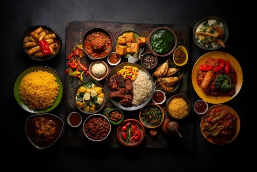 A rich spread of Ghanaian dishes displayed in multiple earthenware dishes on a dark surface.