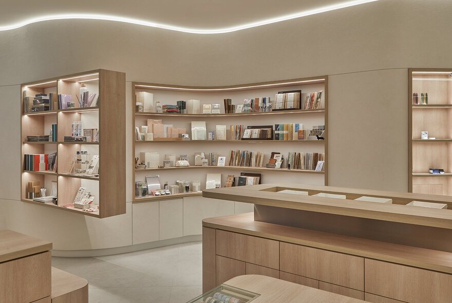 Store interior with beige walls and wooden display cases and shelves, displaying stationery goods.