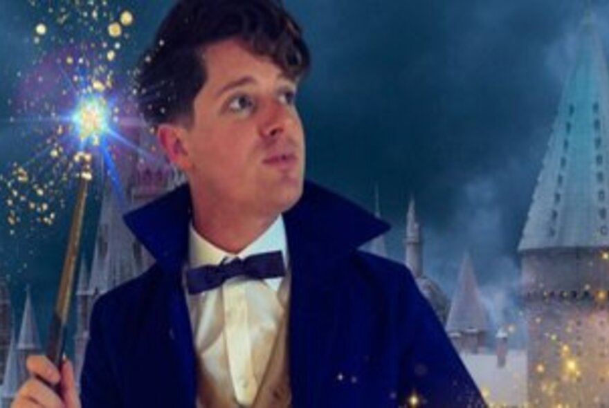 Harry Potter-type wizard holding a wand and wearing a bow tie.