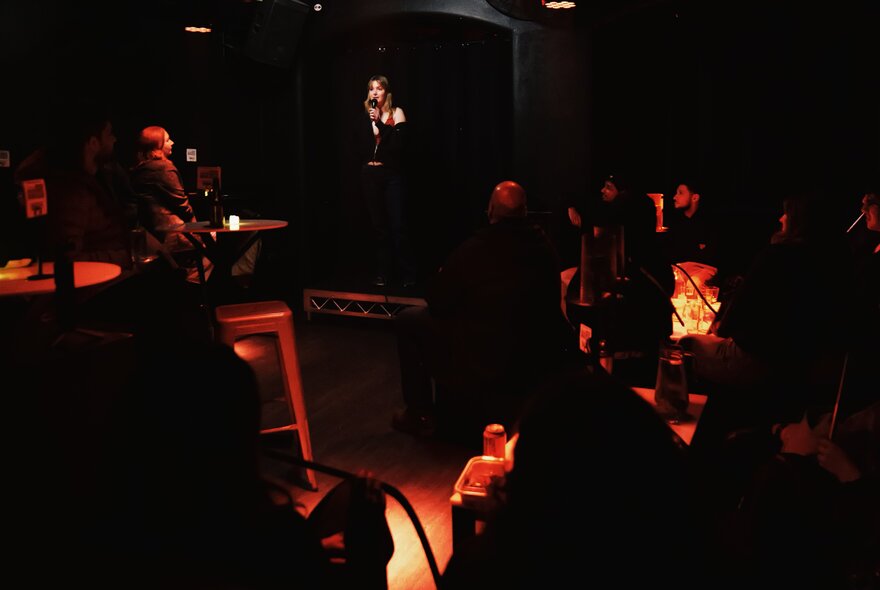 A dark image of a comedian on stage seen from behind a seated audience.