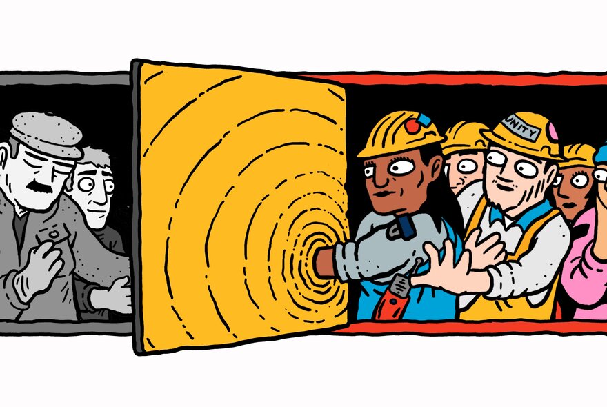 Illustration by cartoonist and comics journalist Sam Wallman, depicting a surreal cross-section where a worker reaches through a yellow portal or wall barrier to connect with someone on the other side.