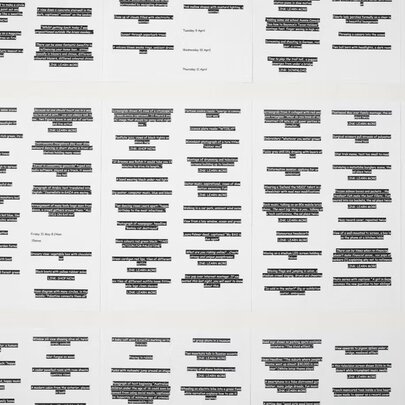 Text artwork of columns of rows of highlighted words.