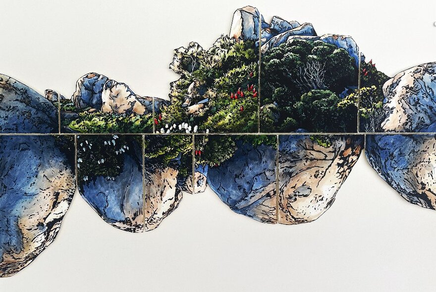 A digital artwork featuring blue and brown boulders suspended in the air, with natural green flora growing on top. 