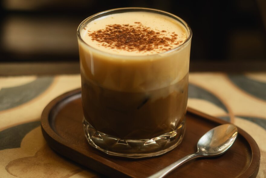 A glass of Vietnamese egg coffee featuring a thick, whipped egg yolk and condensed milk topping over dark coffee.