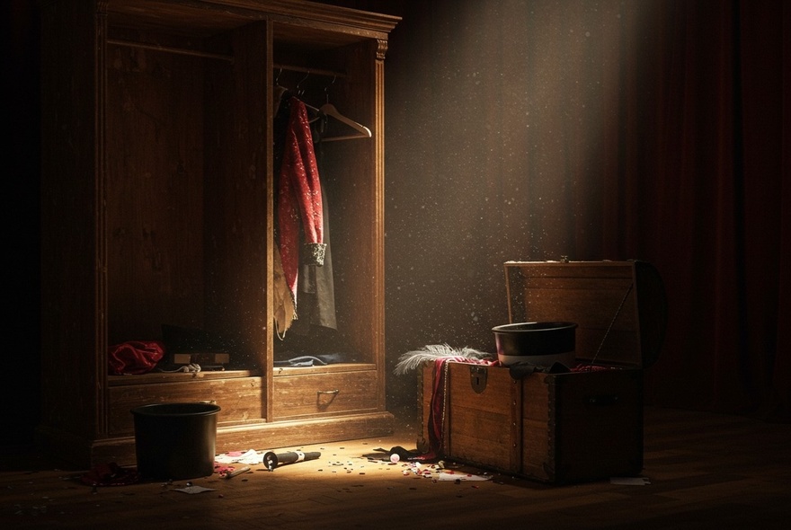 A dark backstage area with a wardrobe and an open chest, a single shaft of light coming from above. 