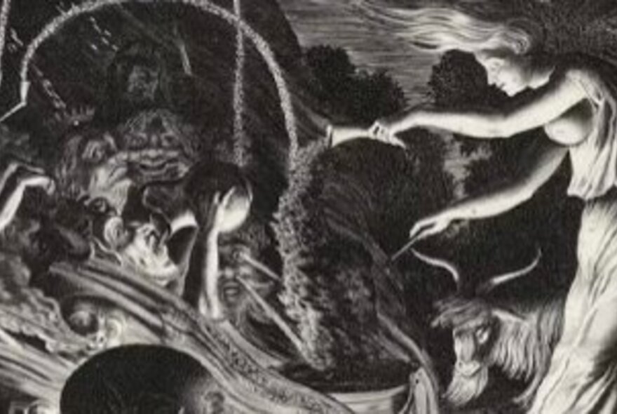 Gothic engraving of devilish figures and turmoil.