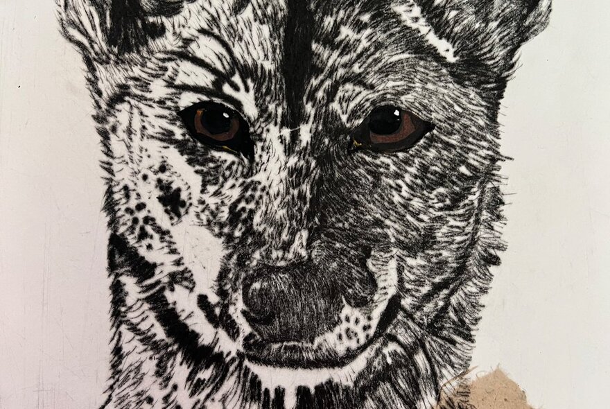 Line artwork of a dingo's face.